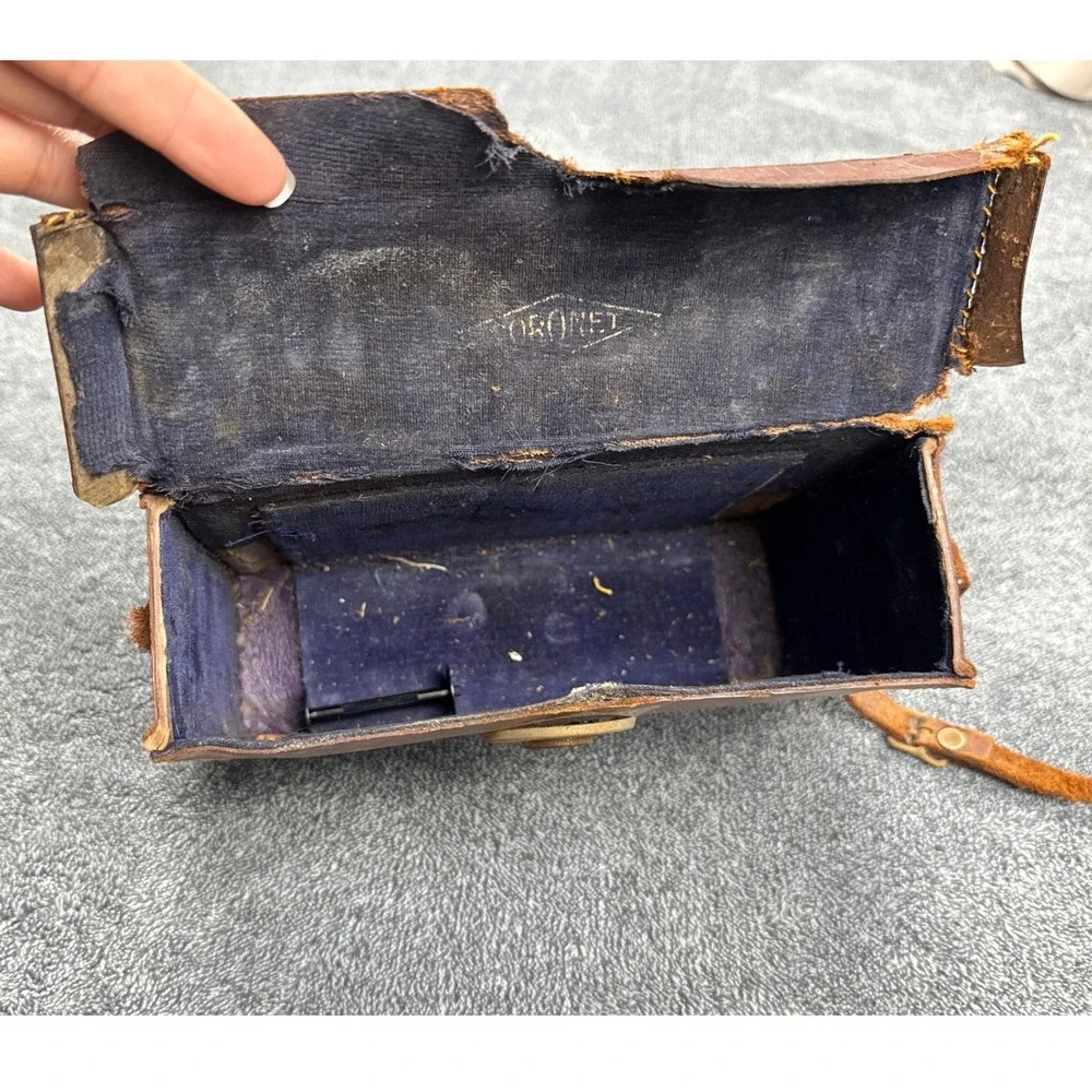 Vintage‎ Coronet Brown Leather Camera Case Antique Hard Shell Bag Brass Lock